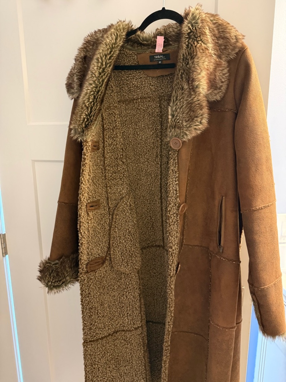 Tribal Brown Faux Shearling Long Trench Coat with Faux Fur Trim
